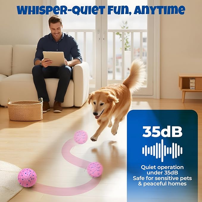 Fsitego Dog Balls: Interactive Dog Ball Auto Rolling - Interactive Dog Toys for Aggressive Chewers - Bouncy & Throwable, Type-C Rechargeable, Washable, for Small & Medium & Large Dogs – Pink