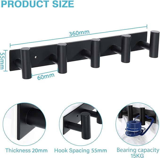 Alise Black Towel Hooks Towel Robe Coat Hook Rail with 5 Hooks Wall Mount Key Hooks for Coat Hat Towel Purse Robes Mudroom Bathroom,SUS304 Stainless Steel Wall Hooks Self Adhesive and Drilling