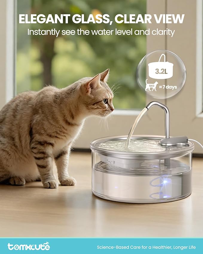 Tomxcute Glass Cat Water Fountain - 108oz/3.2L Ultra-Quiet Cat Fountain for Drinking, Elegant Easy to Clean Glass Pet Water Fountain for Cats, Small Dogs, Multiple Pets, Model Number P11G1