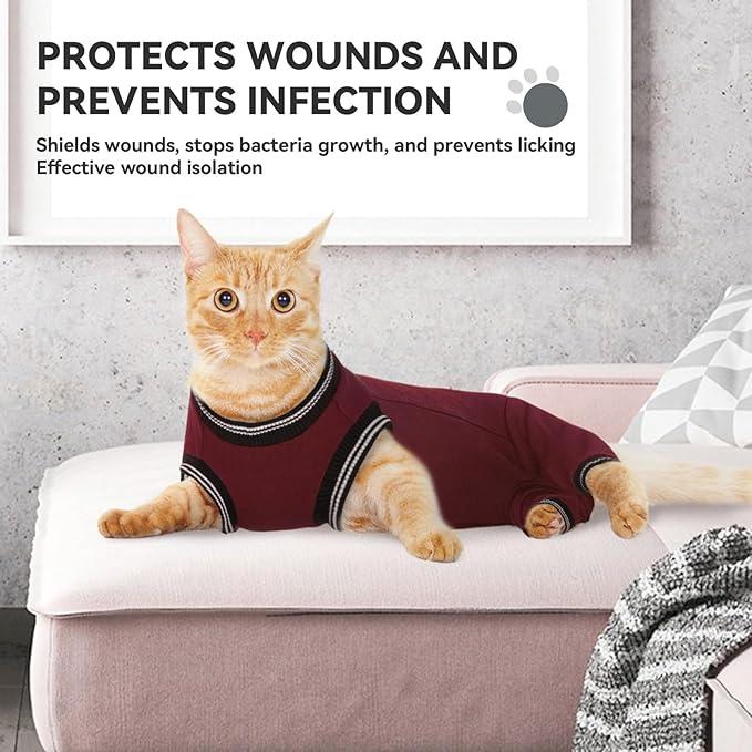 T'CHAQUE Cat Surgery Recovery Suit for Female Male, Cat Onesie Pet Surgical Pajamas Long Sleeve, Abdominal Wound Healing, E-Collar Alternative, Spay/Neuter Recovery Garment-Burgundy-S