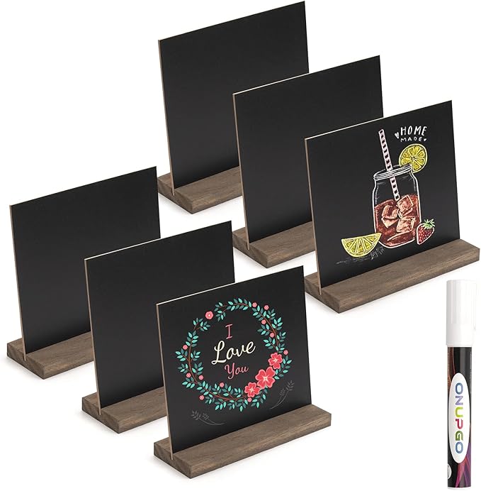 ONUPGO Chalkboard Signs - 5x6 Inch Double Side Mini Tabletop Chalkboard Sign with Stands, Set of 6 - Decorative Vintage Woode Chalkboard Table Signs Small Message Chalk Board Sign