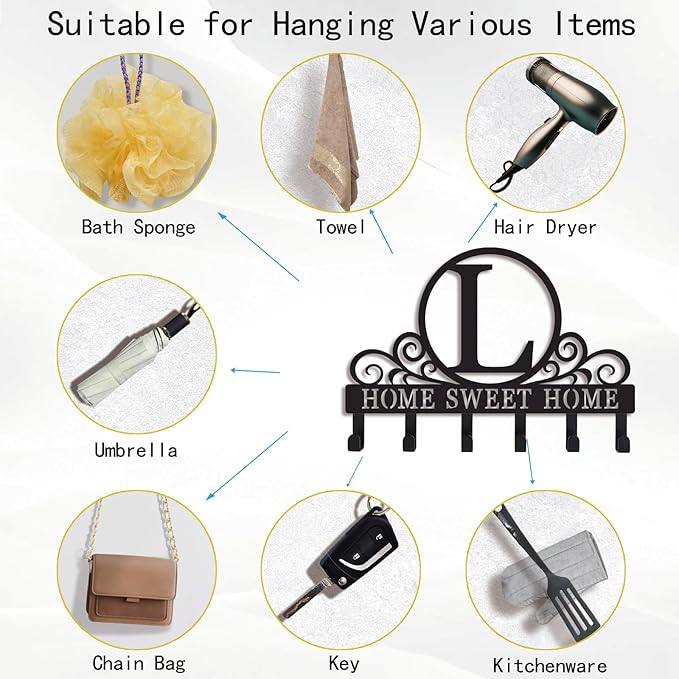 Metal Letter L Key Holder for Wall, Monogram Coat Rack Wall Mount, Key Hooks Perfect for Bathroom, Living Room, Kitchen, Office Ideal Wedding, Anniversary, Housewarming Gift (L)