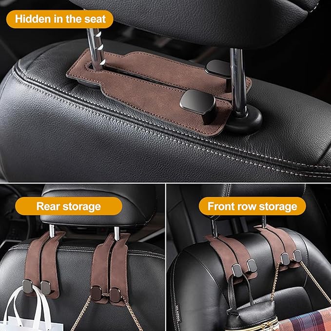 JinnEterri Car Purse Hook Purse Hook for Car Seats Headrest Car Seat Hooks,Heavy Duty Vehicle Organizer for Handbags, Groceries, Purses, Keep Car Tidy (Brown, 4 Pack)