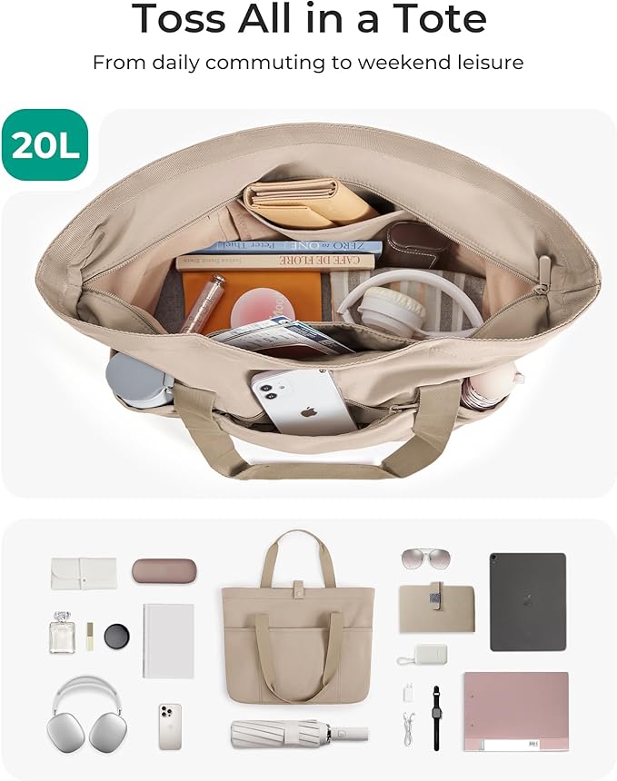 BAGSMART Tote Bag for Women, Foldable Tote Bag With Zipper Travel Large Shoulder Bag Handbag for Work-16.5''l X 6''wx 14''h