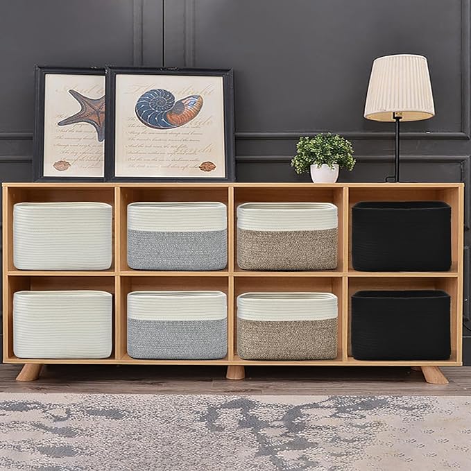 Storage Basket, Woven and Cotton Rope Baskets for Organizing, Decorative Book, Towel, Toy Baskets or Storage Bins for Living Room - 3 Pack, Black