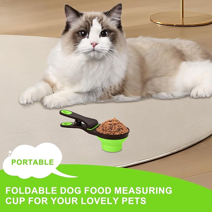 PNEUICALLY Collapsible Silicone Dog Food Scoop Foldable Pet Food Measuring Cup with Bag Clip 3 in 1 Multi-Function Silicone Dog Food Scooper (Green, Small)