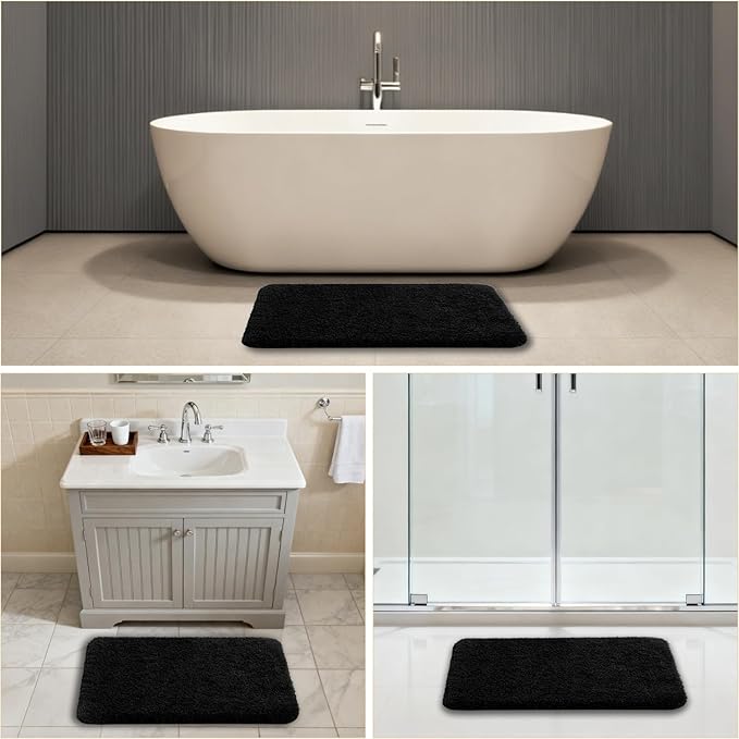 Black Bathroom Rug 20"x32" - Soft Plush Bath Mat, Non Slip Absorbent Microfiber Bathroom Rug, Machine Washable Floor Mat - Perfect for Vanity, Sink or Bathtub Area