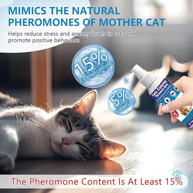 Cat Pheromone Calming Spray – Managing Stress-Related Behaviors in Kittens and Cats – with F3 Facial Pheromone and Valerian – Reduces Scratching, Spraying, and Hiding – 2 Pack / 6.76oz