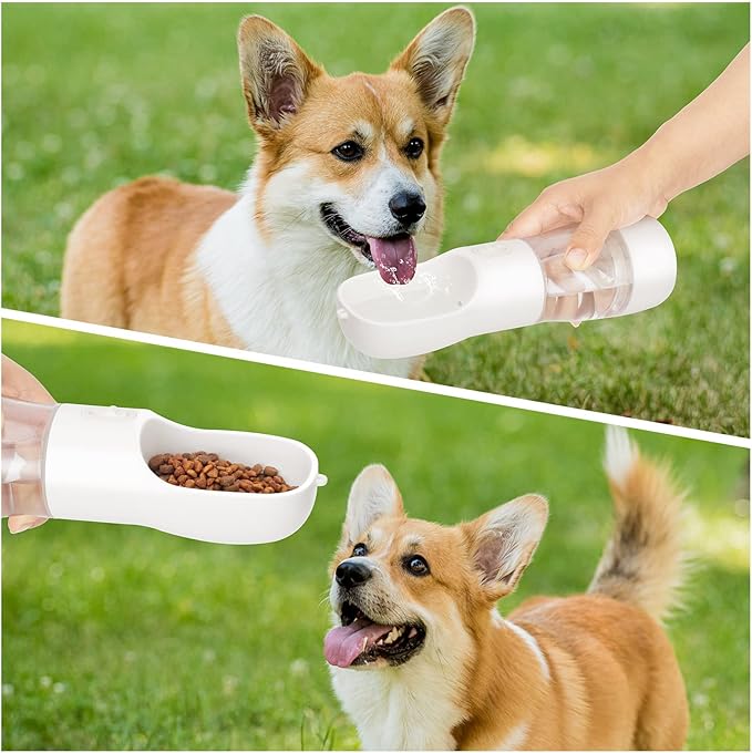 Misthis Portable Dog Water Bottle - Leak Proof Dog Water Dispenser with Bowl & Food Container, Dishwasher Safe Food Grade Plastic for Pet Puppy Outdoor Walking Hiking Travel White