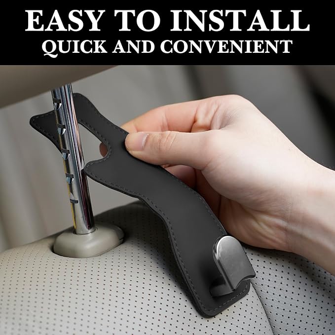 Headrest Hooks for Car - Leather Hanger with Metal Hooks for Seat Back Storage & Purses (Black, 2-Pack)