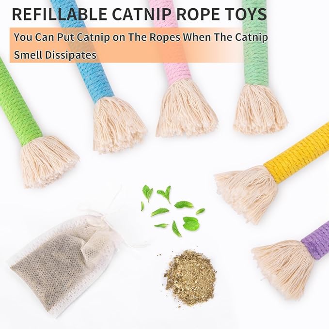 Retro Shaw 6Pcs Kitten Toys Chew Rope, Safe Teeth Cleaning Cat Toys for Indoor Kittens, Soft Cotton Interactive Refillable Catnip Toy for Cats Nip Kicker 6.1 Inches