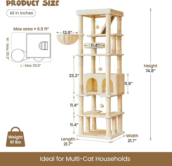 MWPO 74.8 inches Large Cat Tree with Sisal-Covered Scratching Posts & Condo, Tall Cat Tower Entertainment Playground Furniture for Cats & Kittens - Multiple Colors-Beige