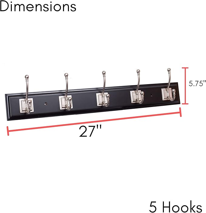 BIRDROCK HOME Classic Hook Rack and Hat Rack | 5 Hooks | Wall Mount | Black Finish | Satin Nickel Hooks