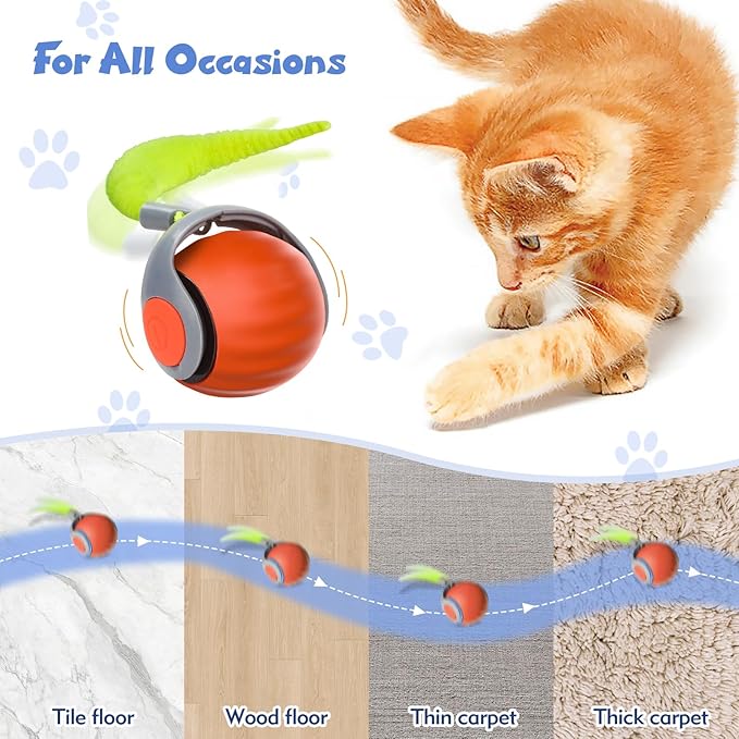 Upgraded Speedy Interactive Cat Ball 4.0 Toys with 2 Optional Tails, Smart Moving Ball Cat Toy for Bored Indoor Cats, Rechargeable & Detachable Automatic Kitten Rolling Balls Toy (Orange)