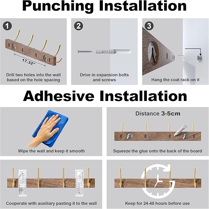 IURRDOP 17 Inch Walnut Wood Wall Mounted Coat Rack with 4 Gold Double Hooks, Adhesive Mounted Entryway Hooks, Modern Natural Wooden Pegs for Hanging Coat Clothes Hat Bag Purse Key and Towel