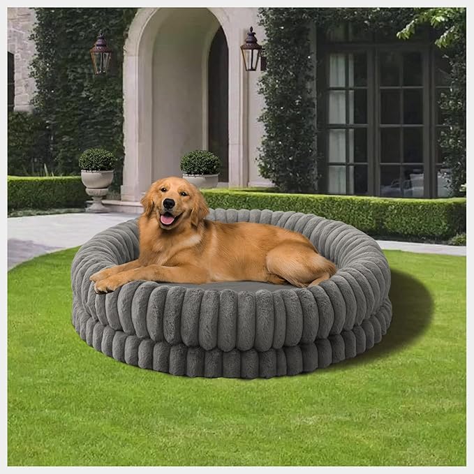 BALANCE Luxury Donut Dog Bed, 43 Inches Round Dog Beds Large Sized Dogs Washable, Orthopedic Calming Dogs Bed for Pets with Anti-Slip Bottom, Gray