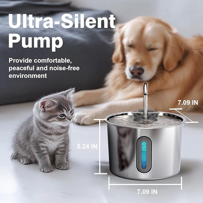 Cat Water Fountain, 74oz/2.2L Cat Fountain for Drinking - Pet Water Fountain Stainless Steel for Cats Inside - Quiet Water Bowl Dispenser - Kitty Drinking Fountains - 4 Filters + 4 Sponges