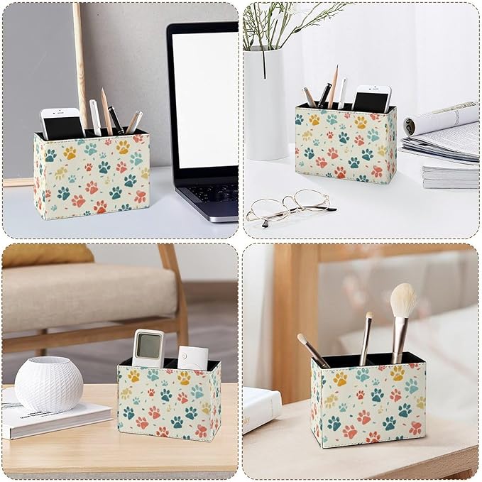 Famame Paws Colorful Vintage Pencil Holder for Desk, Leather Desktop Container Pen Cup Storage Study Table Pen Organizer Makeup Brush Holder for Classroom Office Home