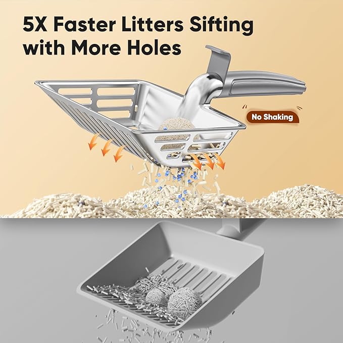 KooMooM Metal Cat Litter Scoop, Large Cat Scooper with Deep Shovel & Dual Sifting Holes for Fast & Precise Sifting, Space Aluminum Kitty Litter Scooper with Long Handle & Easy-to-Hang Hook - Grey