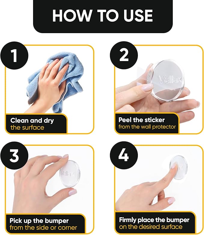 Large 2" Door Knob Wall Protectors โ 4 Clear Self-Adhesive Silicone Bumper Pads in Flat Dome Button Shape โ Noise Dampening Wall & Furniture Guards by VELLAX