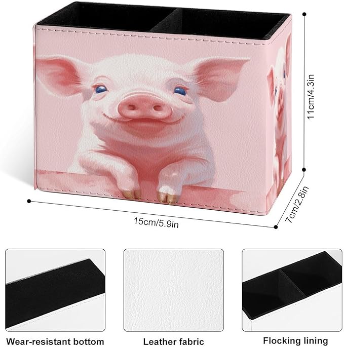 Famame Pink Watercolor Pig Pencil Holder for Desk, Leather Desktop Container Pen Cup Storage Study Table Pen Organizer Makeup Brush Holder for Classroom Office Home