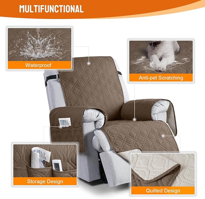 VANSOFY 100% Waterproof Recliner Chair Covers, Recliner Cover Non-Slip Dog Chair Cover Furniture Protector Washable Slipcover with Pocket, Elastic Straps for Pets, Dogs(Brown, 23.6")