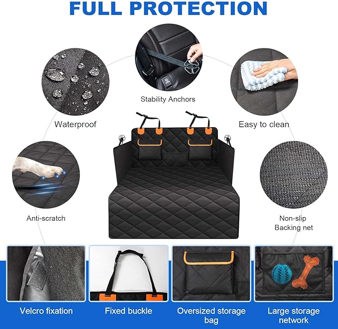 EasyHaWei 4-in-1 SUV Cargo Liner for Dogs, Non-Slip Water Resistant Pet Trunk Mat with Side Flaps Protector & Back Seat Organizer, Dog Backseat Cover for SUVs Vans