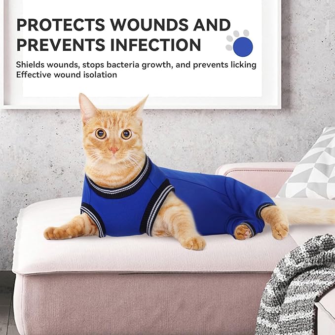 T'CHAQUE Cat Surgery Recovery Suit for Female Male, Cat Onesie Pet Surgical Pajamas Hind Legs Long Sleeve, Abdominal Wound Skin Diseases, E-Collar Alternative, Spay/Neuter Recovery Suit, RoyalBlue-L