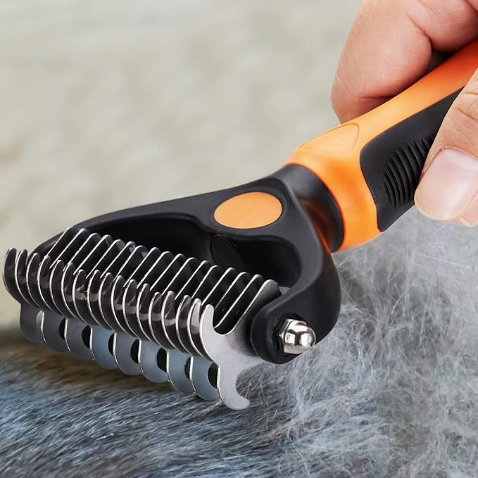 XLCL pet Pet Grooming Tool - 2 Sided Undercoat Rake for Cats and Dogs - Safe Dematting Comb for Easy Mats & Tangles Removing - No More Nasty Shedding and Flying Hair