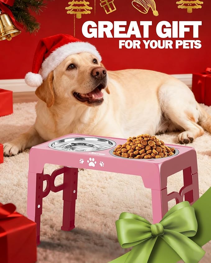 Jovrun Elevated Dog Bowls, Dog Feeder with Stainless Steel Dishes & Slow Feeder Bowl, 5 Heights Adjustable Raised Stand for Medium Large, Food Dishes with Non-Slip Feet