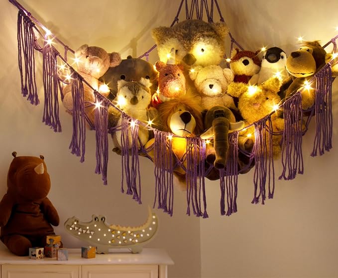 RelaxScene Stuffed Animal Hammock Corner with LED Light - Toy Storage Hammock Plushie Net Organizer - Teddy Bear Stuffy Hammock - Purple Nursery Decor Baby Kids Bedroom Nursery Furniture