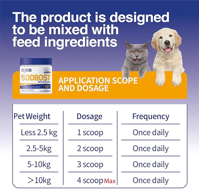 SODBOST Dog Allergy & Itch Relief, Cat Skin & Coat Supplement Powder -SOD Enzyme Skin Relief Formula for Allergy & Itch Relief & Reduces Shedding - Plant-Based, Made in USA - 60 Scoops