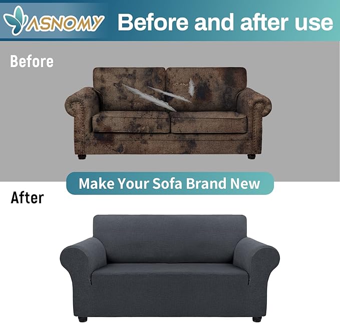 Asnomy Sofa Covers for 2 Cushion Couch Stretch loveseat Covers Slipcovers, Pet Protector Furniture Covers for Dogs Cats Spandex Jacquard Fabric Small Checks (Medium,Charcoal Ash)