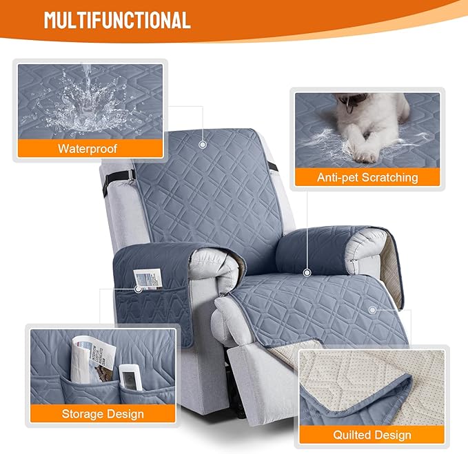 VANSOFY 100% Waterproof Recliner Chair Covers, Recliner Cover Non-Slip Dog Chair Cover Furniture Protector Washable Slipcover with Pocket, Elastic Straps for Pets, Dogs(Slate Gray, 22")
