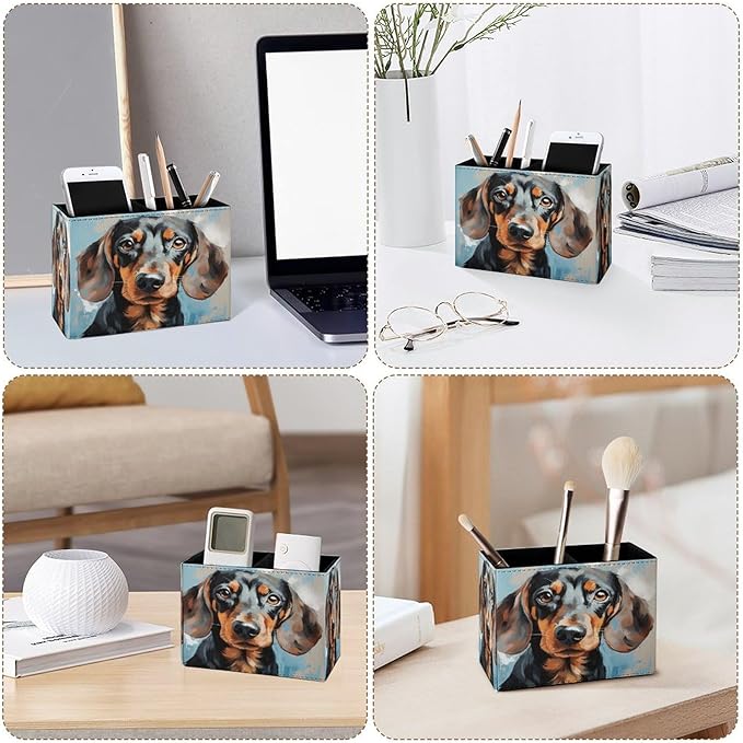 Famame Dachshund Dog Face Cute Pencil Holder for Desk, Leather Desktop Container Pen Cup Storage Study Table Pen Organizer Makeup Brush Holder for Classroom Office Home