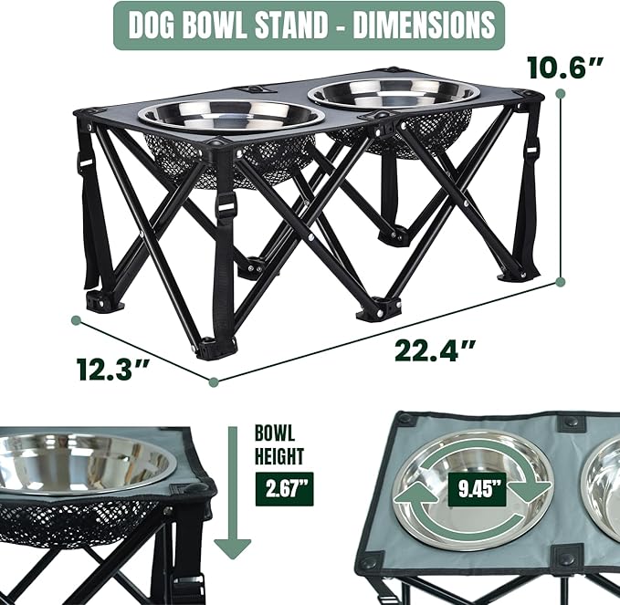 Foldable Camping Elevated Dog Bowl Stand โ 10" Height Raised Dog Feeding Stand with 2 Stainless Steel Bowls 2.6" Depth โ Portable Food and Water Bowl Set for Medium and Large Dogs โ Black