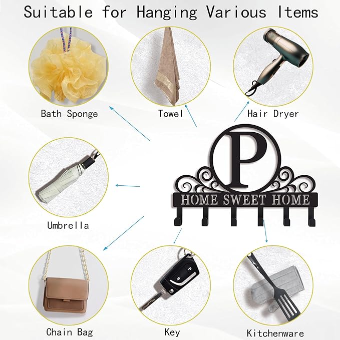 Metal Letter P Key Holder for Wall, Monogram Coat Rack Wall Mount, Key Hooks Perfect for Bathroom, Living Room, Kitchen, Office Ideal Wedding, Anniversary, Housewarming Gift (P)