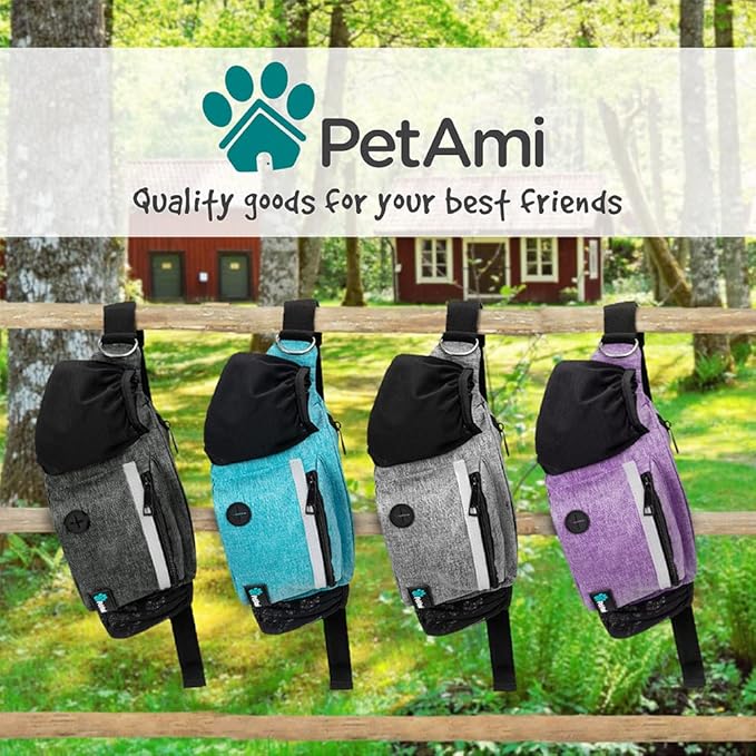 PetAmi Dog Fanny Pack, Treat Pouch for Dog Walking, Training, Built in Poop Bag Dispenser, Water Bottle Holder, Collapsible Bowl, Pet Treat Waist Belt for Hiking, Running, Kibbles (Purple)
