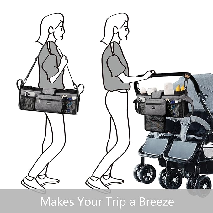 TOPDesign Universal Baby Stroller Organizer, Double Stroller Caddy with Detachable Mesh Bag & Heightened Insulated Cup Holders & Non-Slip Secure Hooks Accessories, Fits Most Strollers (Green)