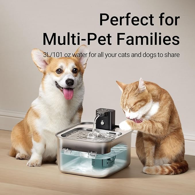 DownyPaws Cat Water Fountain Stainless Steel Wireless, 101 oz/3L FurSink Cordless Cat Water Dispenser for Pets, Battery Operated Dog Drinking Fountain with Motion Sensor, Easy Clean, Metal