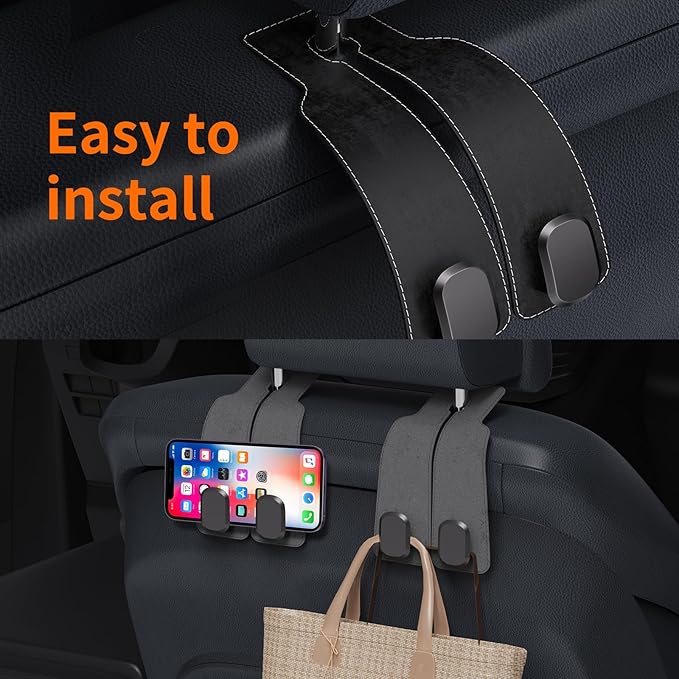 BiYiQi Headrest Hooks for Car, Seat Back Storage Hook Leather Alloy Car Purse Hook, Car Seat Storage Hanger, Car Hooks for Purses, Bags, Handbags,(2 Pack),Black