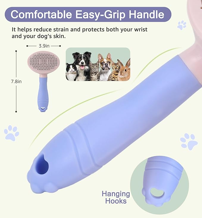 IPTPAS Pet Self-Cleaning Slicker Brush for Dogs & Cats, Deshedding Grooming Comb, Removes Loose Undercoat Hair & Mats, Skin-Friendly Massaging Tool for Long/Short Fur, Large & Small Breeds (Purple)