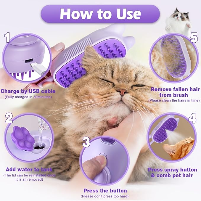 Cat Steam Brush for Dog & Cat, Spritz Defur Comb 3 in 1 Pet Rechargeable Steam Brush Tool for Long and Short Haired Cats and Dogs, Anti-Static, Shedding, Detangling, Massage & Combing (Purple)