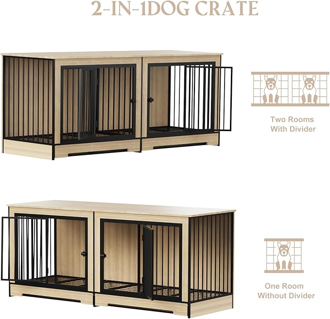 75 Inch Extra Large Double Dog Crate Furniture with Divider, XXL Upgraded Thick Wooden Dog Crate TV Stand