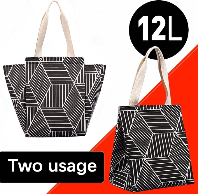 iknoe Insulated Lunch Bag for Women & Adults, 9L Foldable Wide-Open Cooler Bag with Pockets, Leakproof & Portable, for Picnic, Office, Beach, Black Rhombus