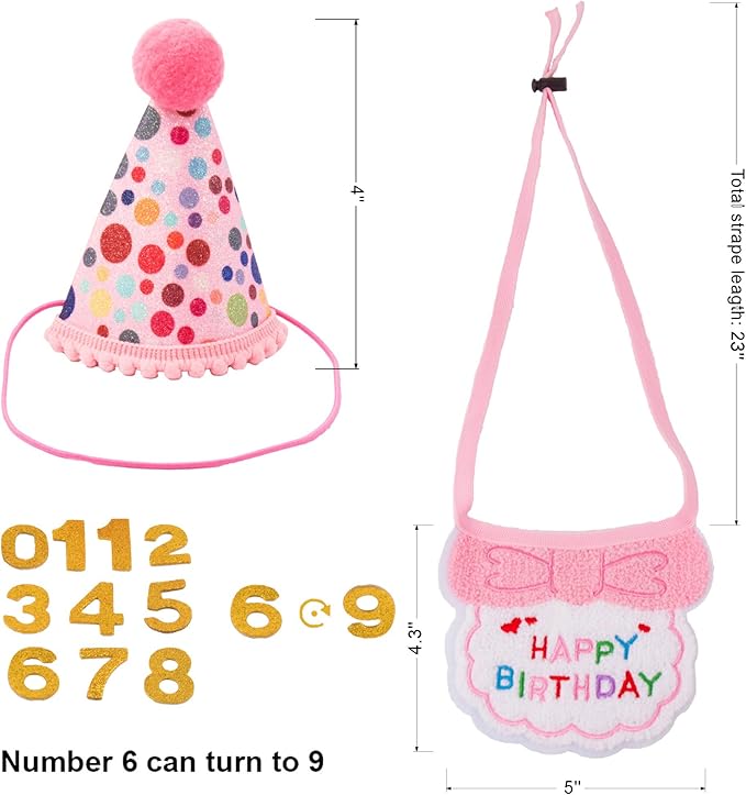 ADOGGYGO Cat Birthday Party Supplies, Pink Girl Cat Kitten Birthday Bandana Hat Numbers Pet Birthday Decorations Outfits