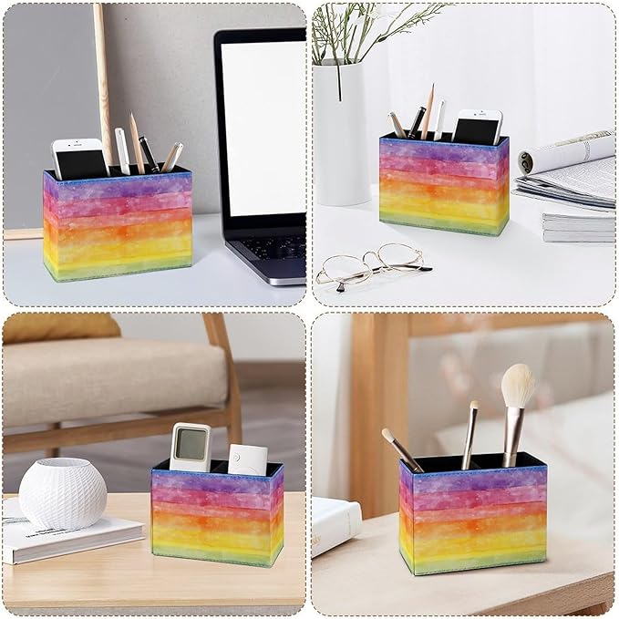 Famame Watercolor Grandient Rainbow Pencil Holder for Desk, Leather Desktop Container Pen Cup Storage Study Table Pen Organizer Makeup Brush Holder for Classroom Office Home