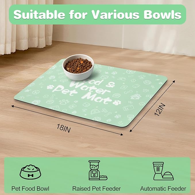 Pet Feeding Mat,Dog Cat Mat for Food and Water,Dog Bowl Waterproof Placemat with Rubber Backing,Absorbent Quick Dry Water Dispenser Mat for Pet(Green 12"×18")