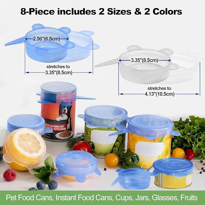 Adpartner Silicone Can Covers Pet Food Can Lids (8-Pack, 2.6in+3.3in), BPA-free Reusable Silicone Canned Food Lids for Soda/Beer Cans, Regular and Wide Mouth Mason Jars Canned Pet Foods