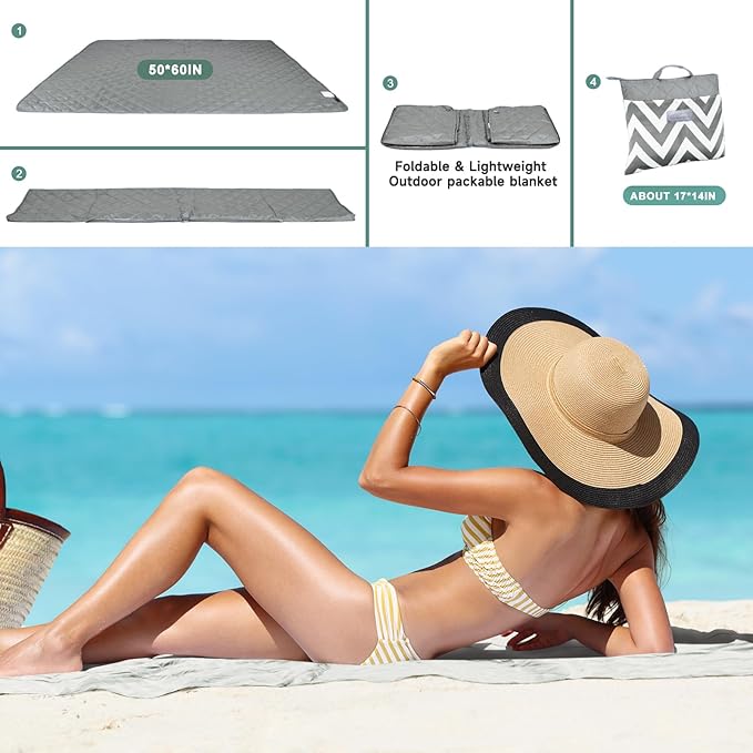 Waterproof Picnic Blanket, Lightweight 50” x 60” Foldable Sandproof Beach Blanket with Large Pocket, Portable Outdoor Camping Blanket Great Couples Gift Ideas, Gray Wavy